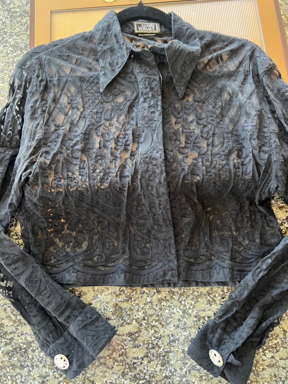 Vintage Gianni Versace Black Sheer Cropped Lace Button-Down Shirt